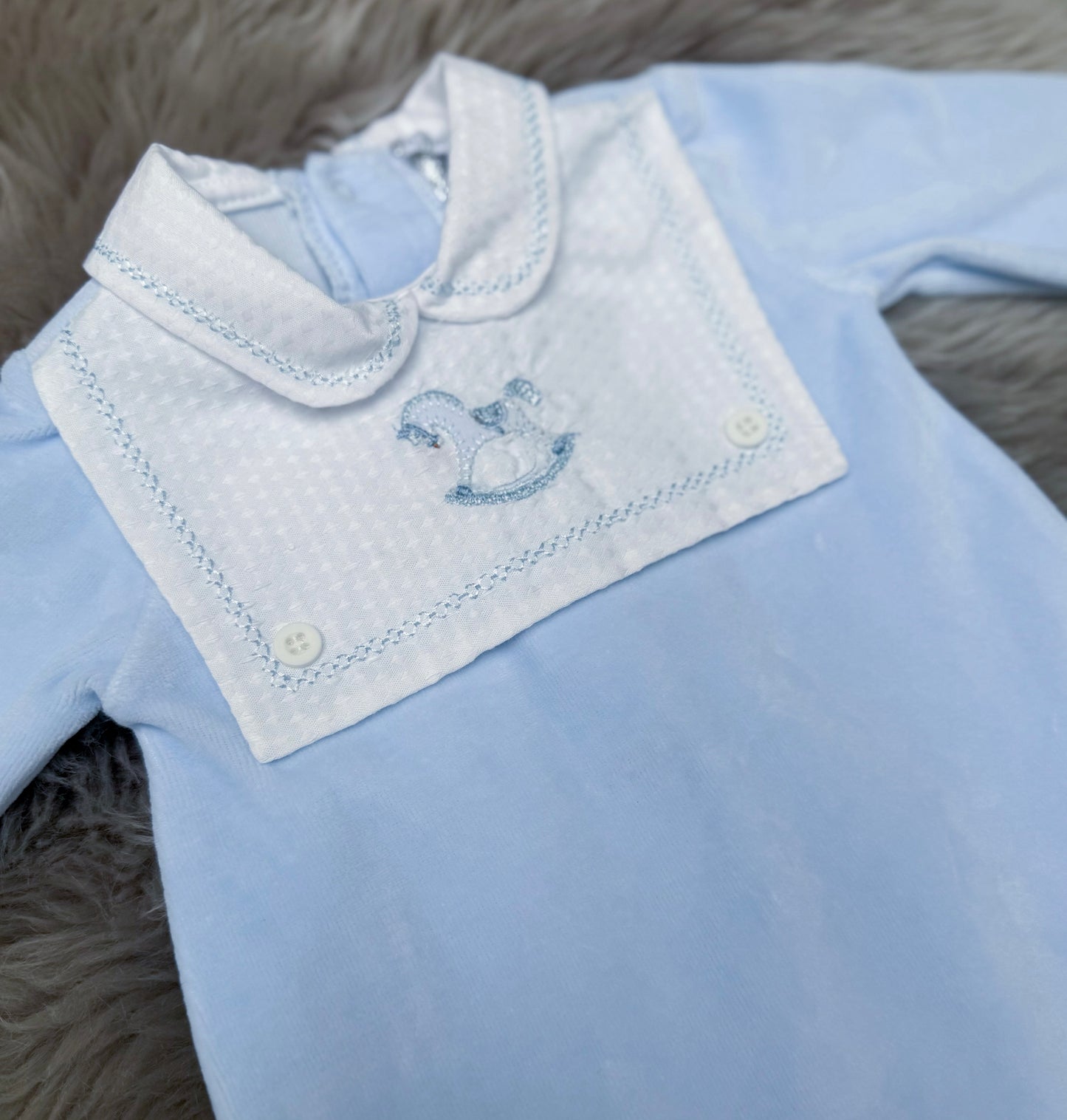 Blue Velour Rocking Horse Romper