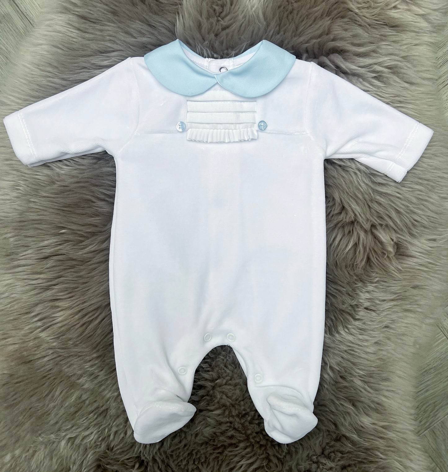 Velour Babygrow With Blue Collar & Buttons