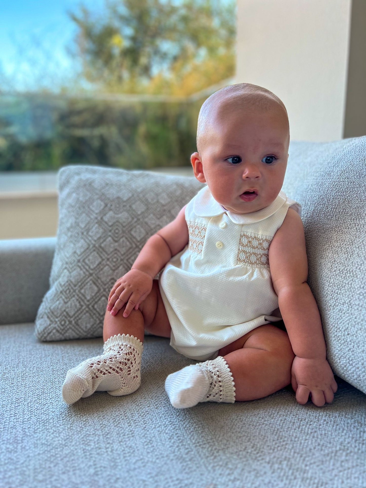 Cream & Beige Smock Romper