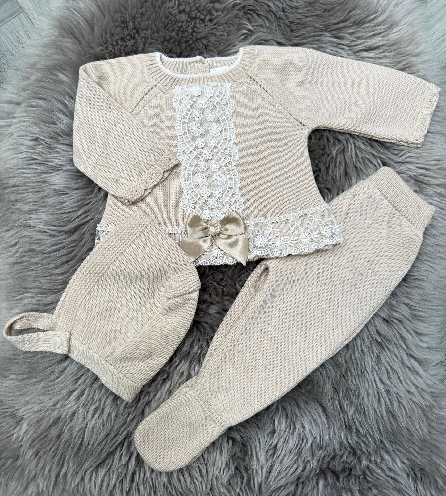 Beige Lace 2 Piece Including Bonnet