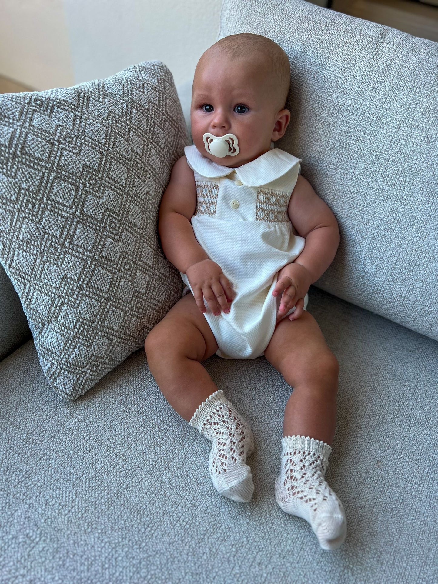 Cream & Beige Smock Romper