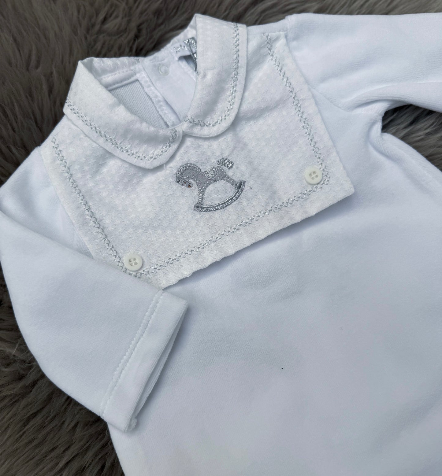 White velour rocking horse romper