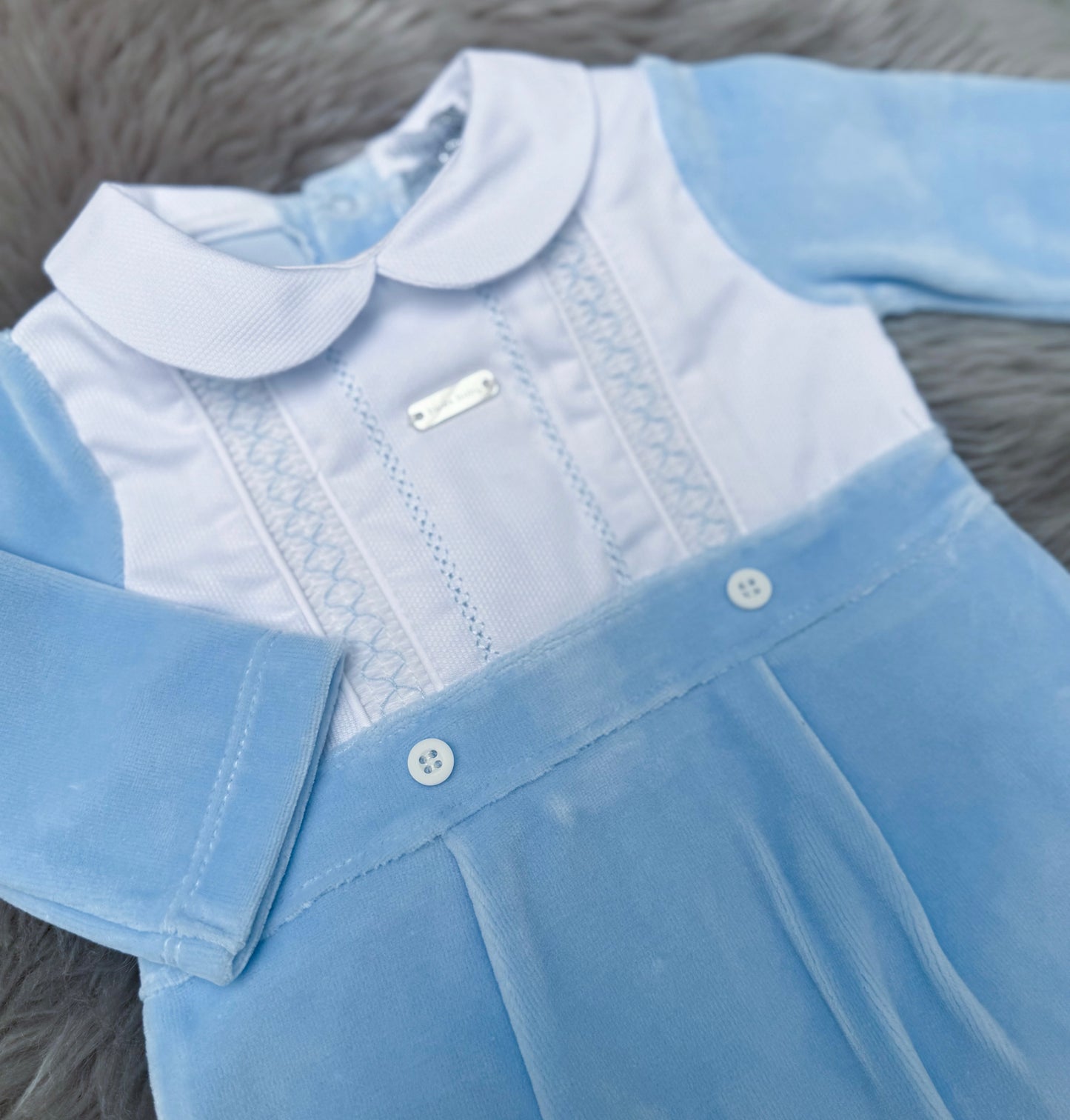 Blue Velour Cross Stitch Babygrow