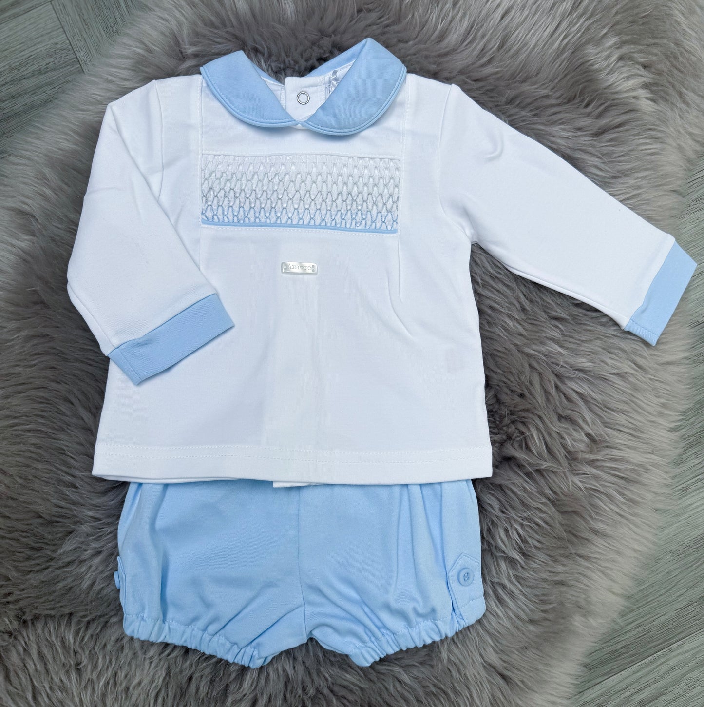 Smock white&blue short set