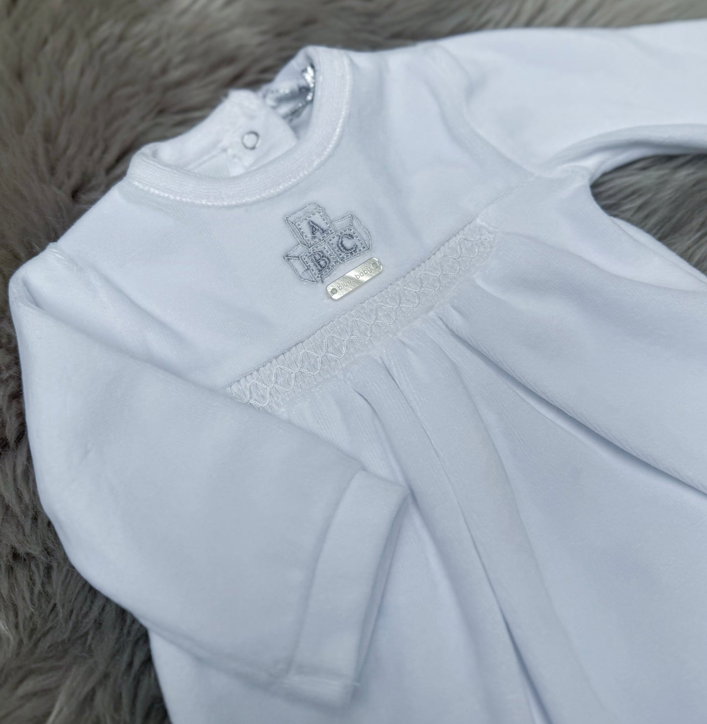 White Velour ABC Babygrow