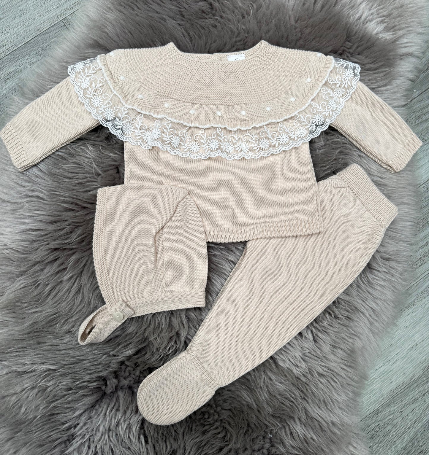 Beige Lace 2 Piece Including Bonnet