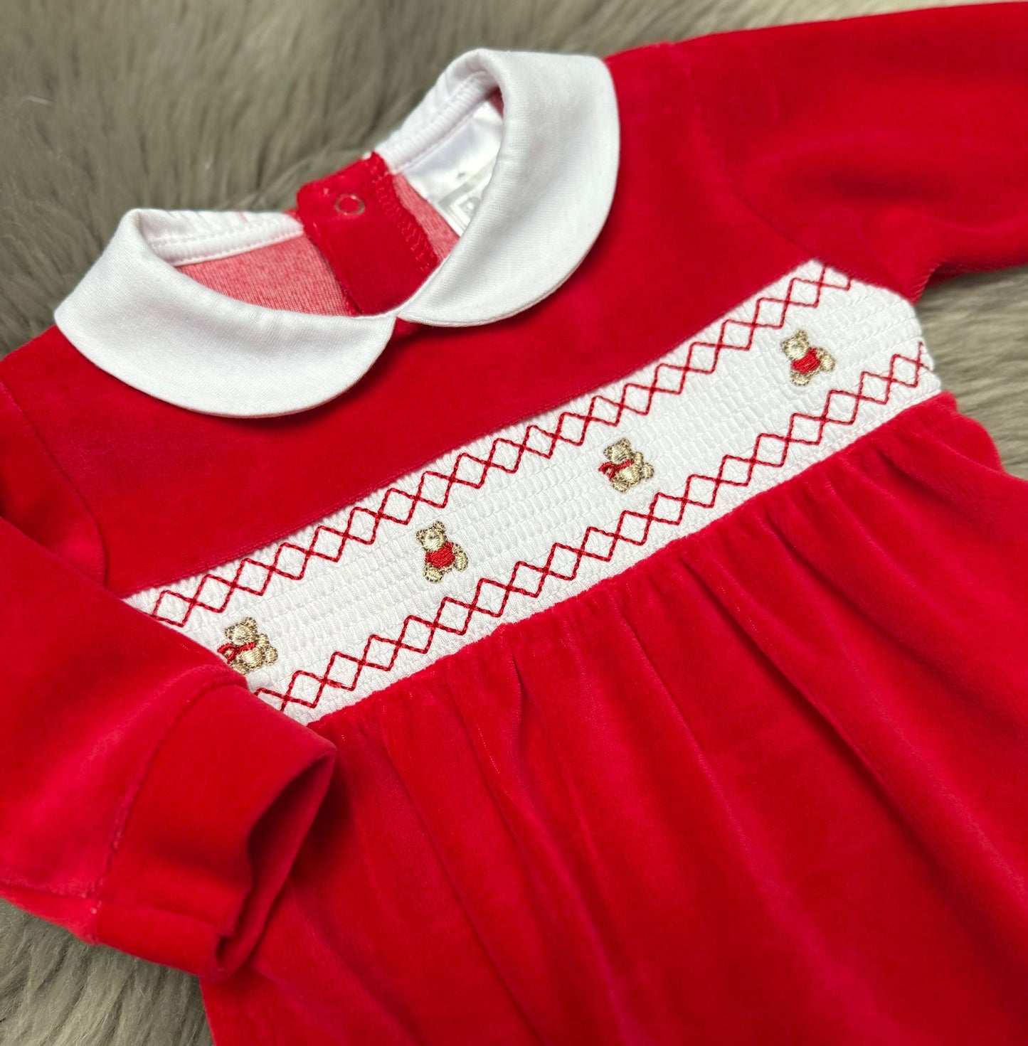 Red Velour Teddy Babygrow