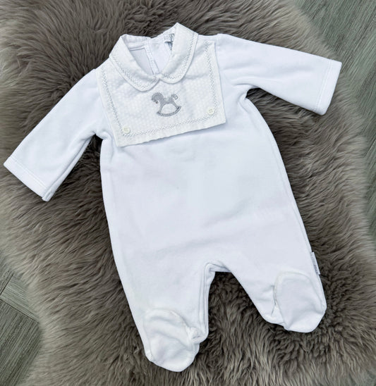 White velour rocking horse romper