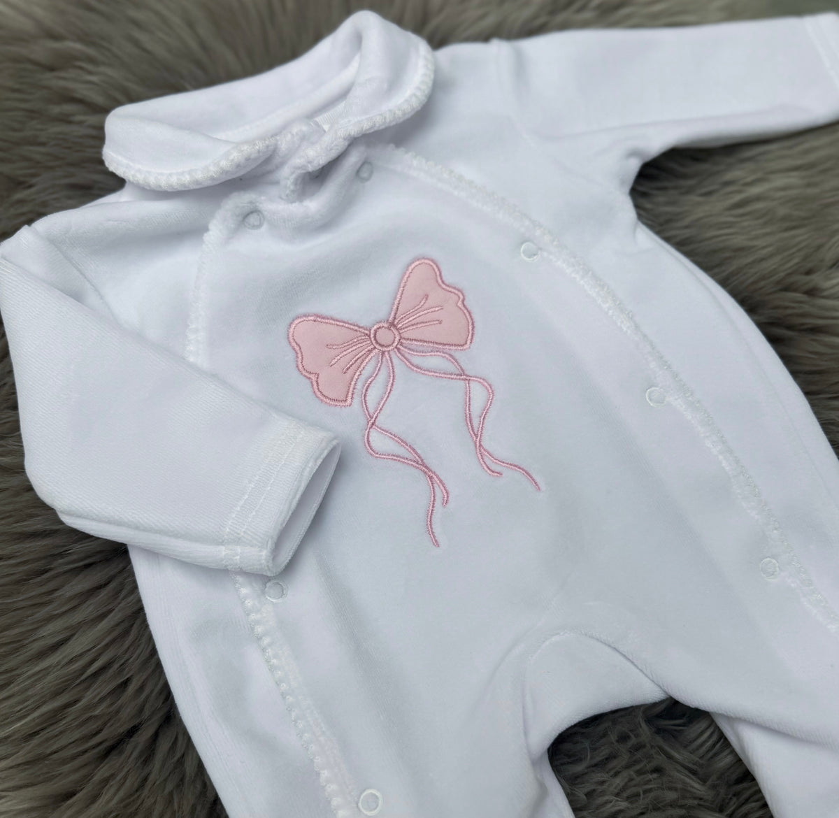Pink  Bow Velour Babygrow