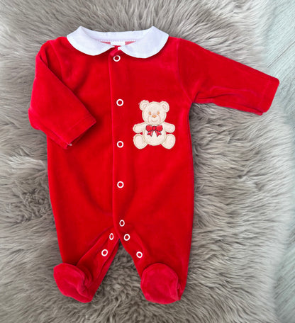 Velour Red Teddy Babygrow
