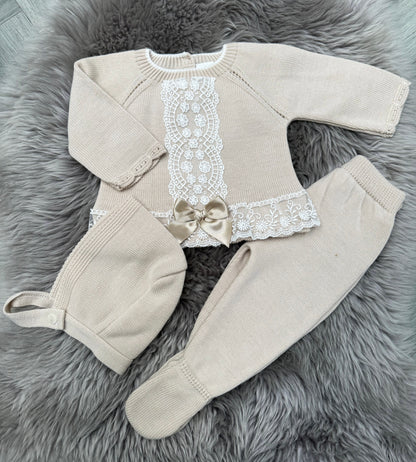 Beige Lace 2 Piece Including Bonnet