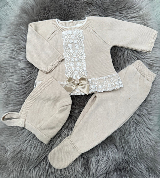 Beige Lace 2 Piece Including Bonnet
