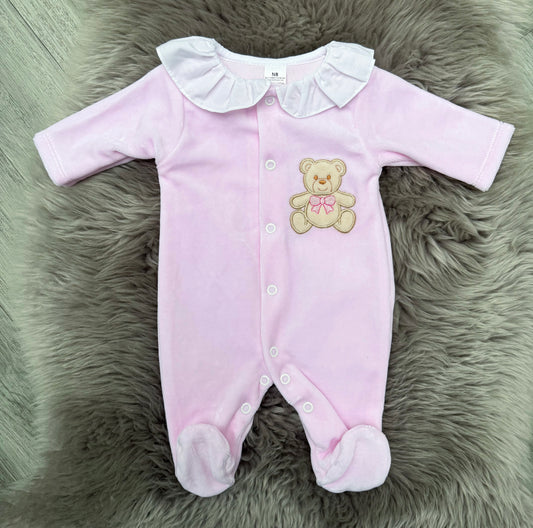 Velour Pink Teddy Babygrow
