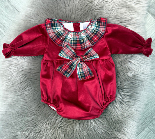 Red Velour Check Romper