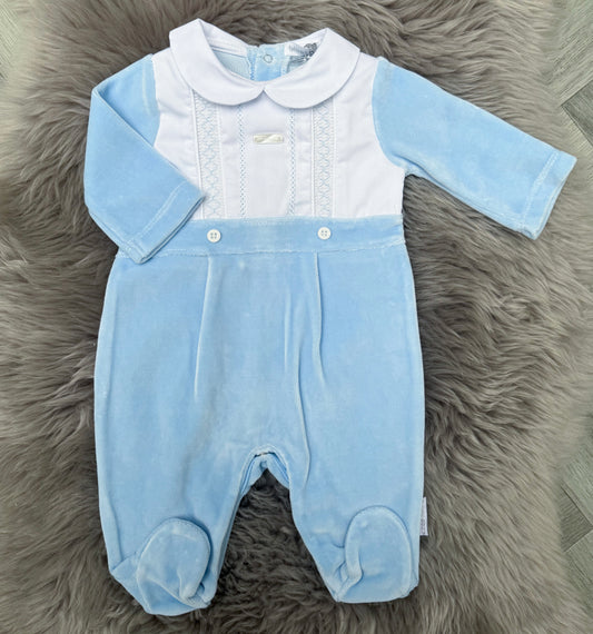 Blue Velour Cross Stitch Babygrow