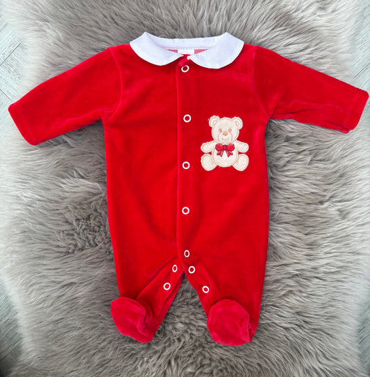 Velour Red Teddy Babygrow
