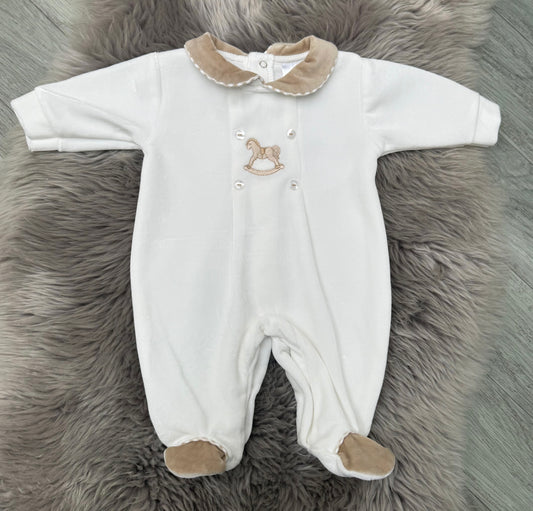 Velour Cream Rocking Horse Babygrow