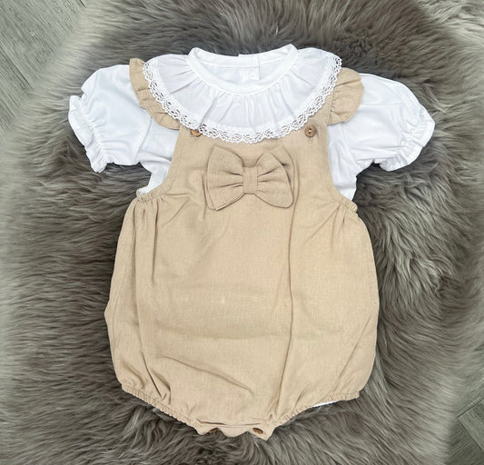 Beige Romper With Bow & Frilly Collar