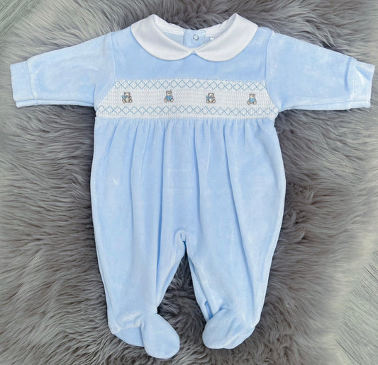 Blue Teddy Velour Babygrow