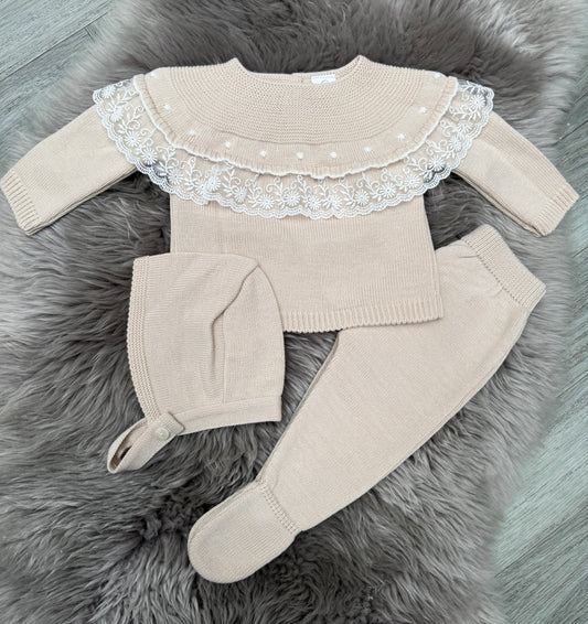 Beige Lace 2 Piece Including Bonnet