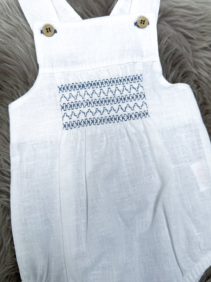 White & Navy Linen Romper