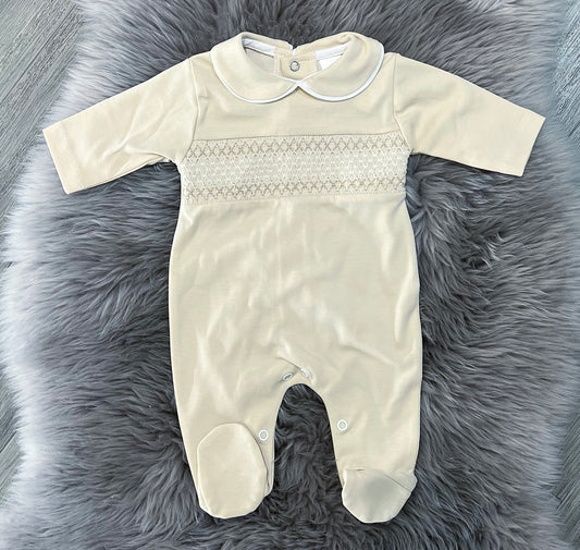 Beige Smock Cotton Baby Grow