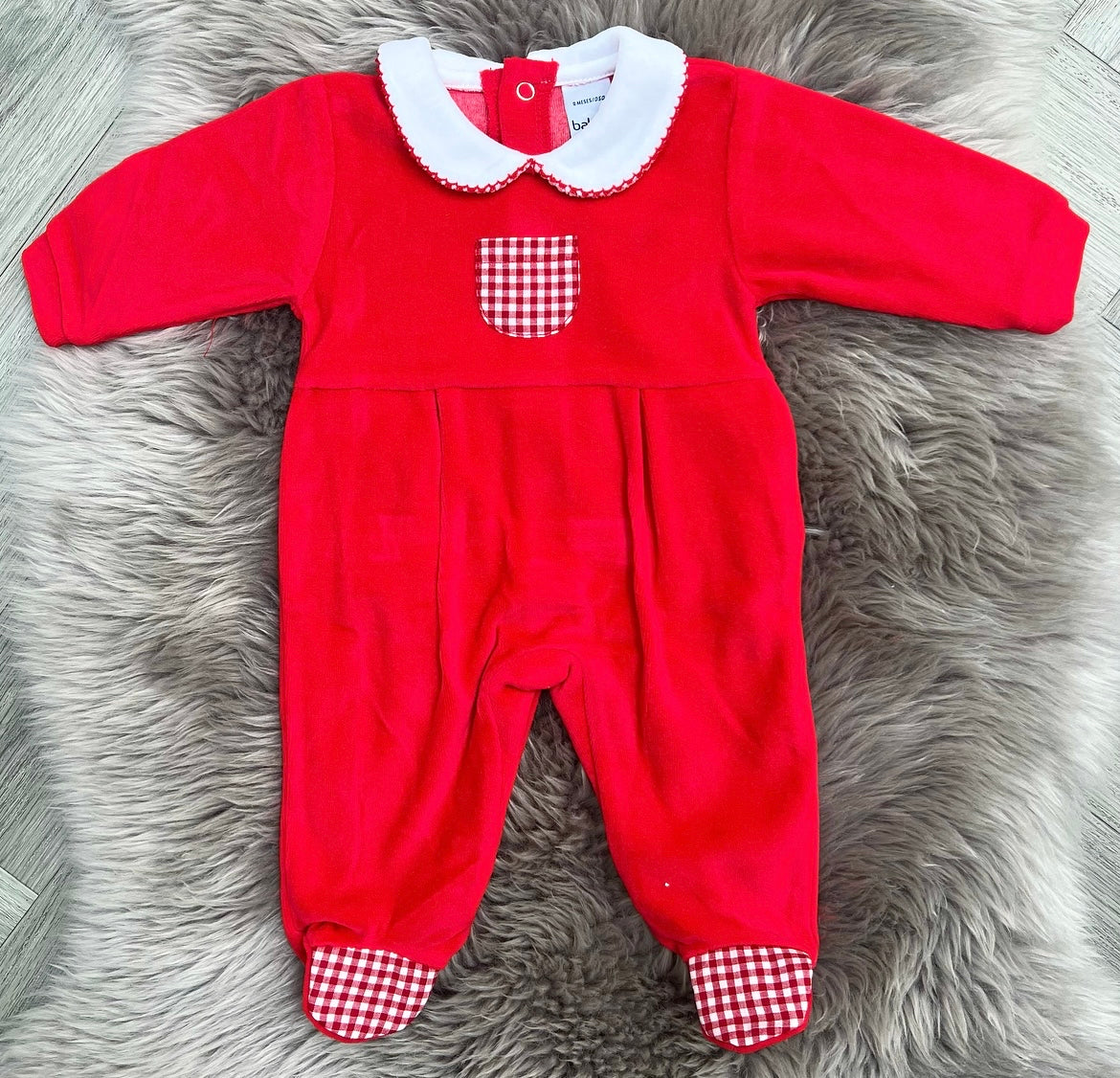 Red Velour Check Baby Grow
