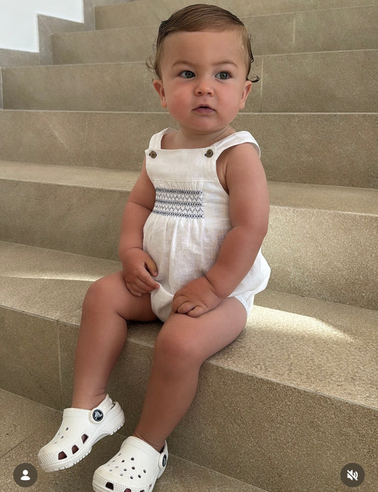 White & Navy Linen Romper