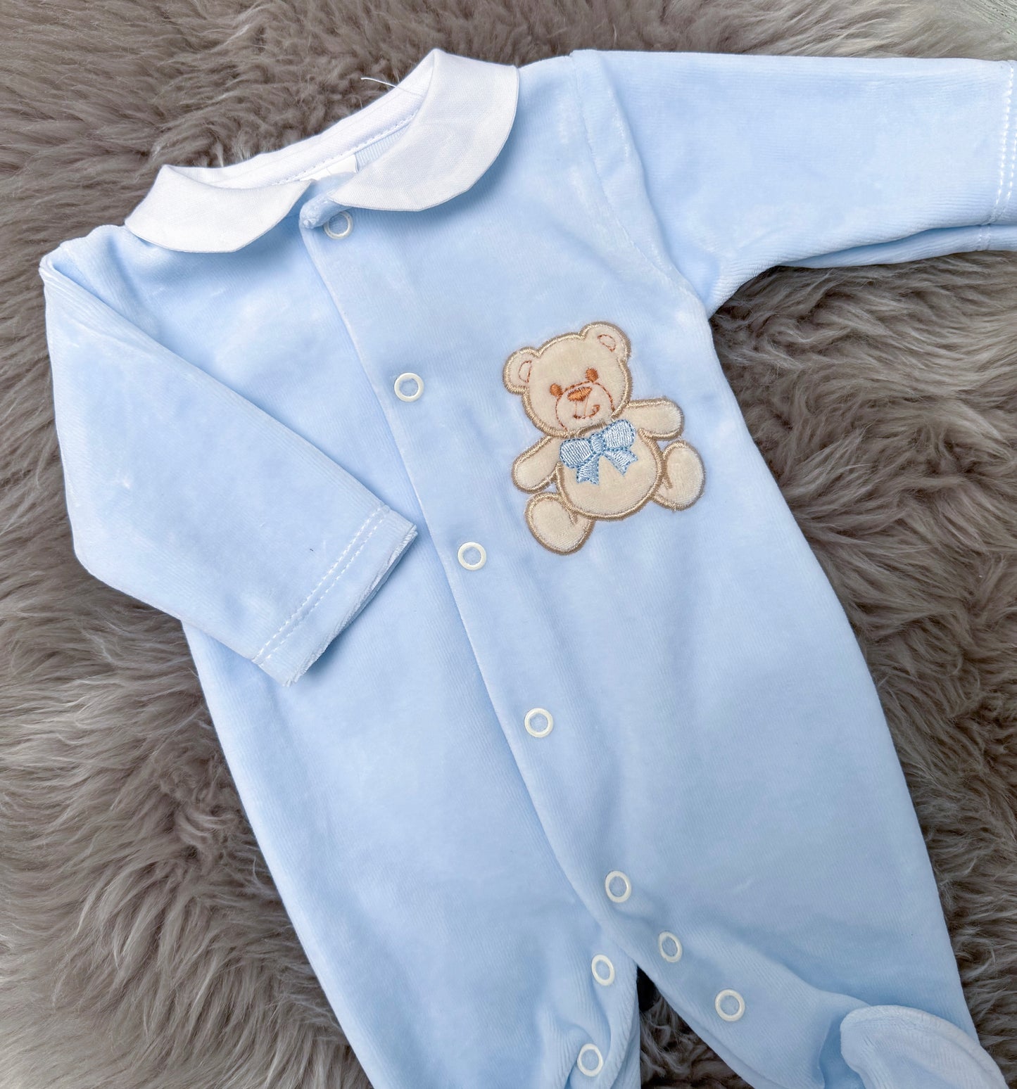 Velour Blue Teddy Babygrow