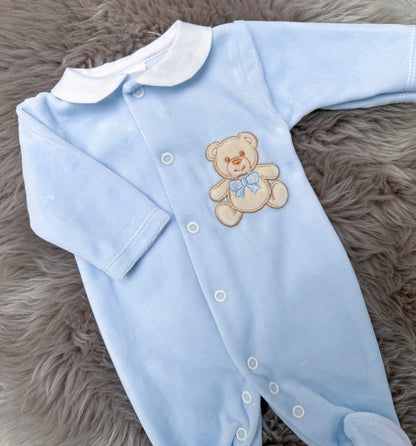 Velour Blue Teddy Babygrow