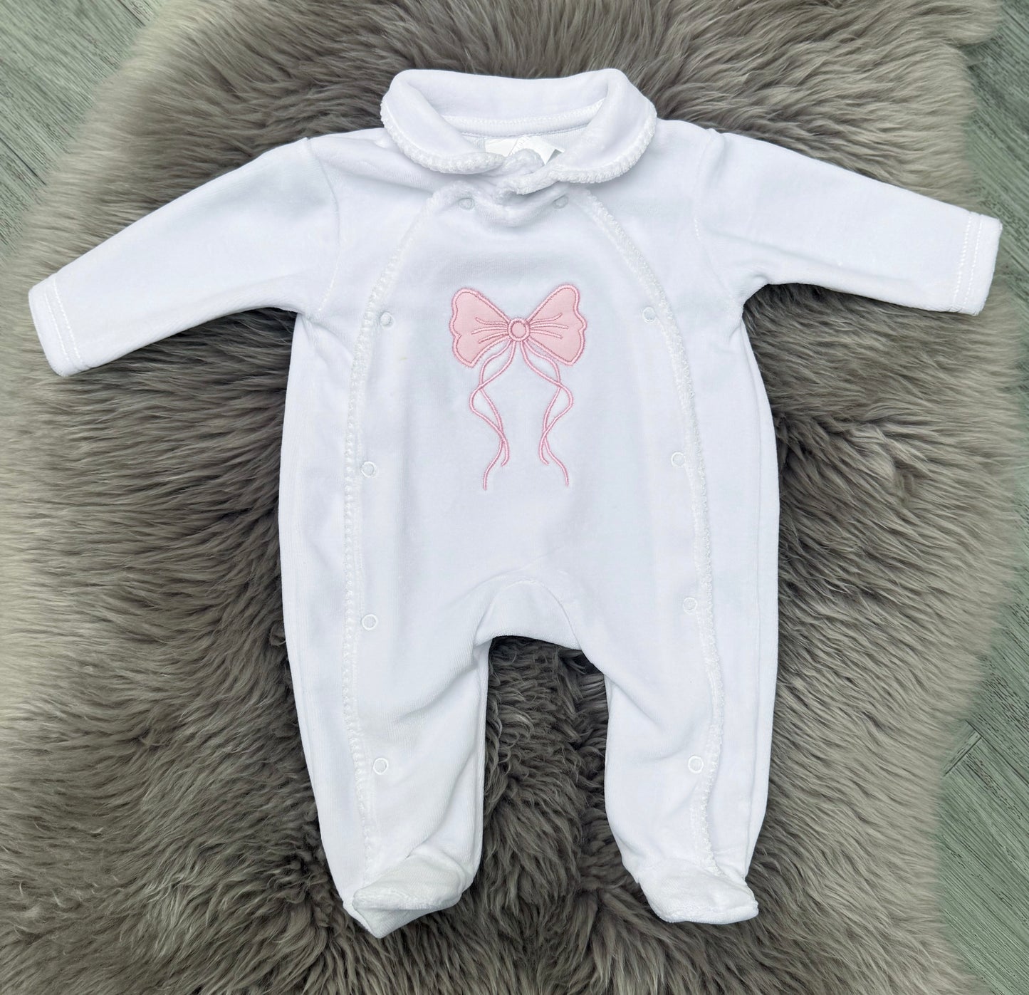 Pink  Bow Velour Babygrow