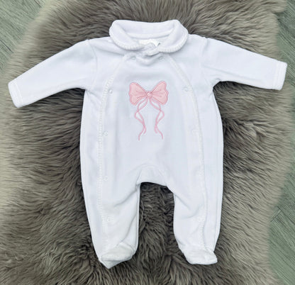 Pink  Bow Velour Babygrow