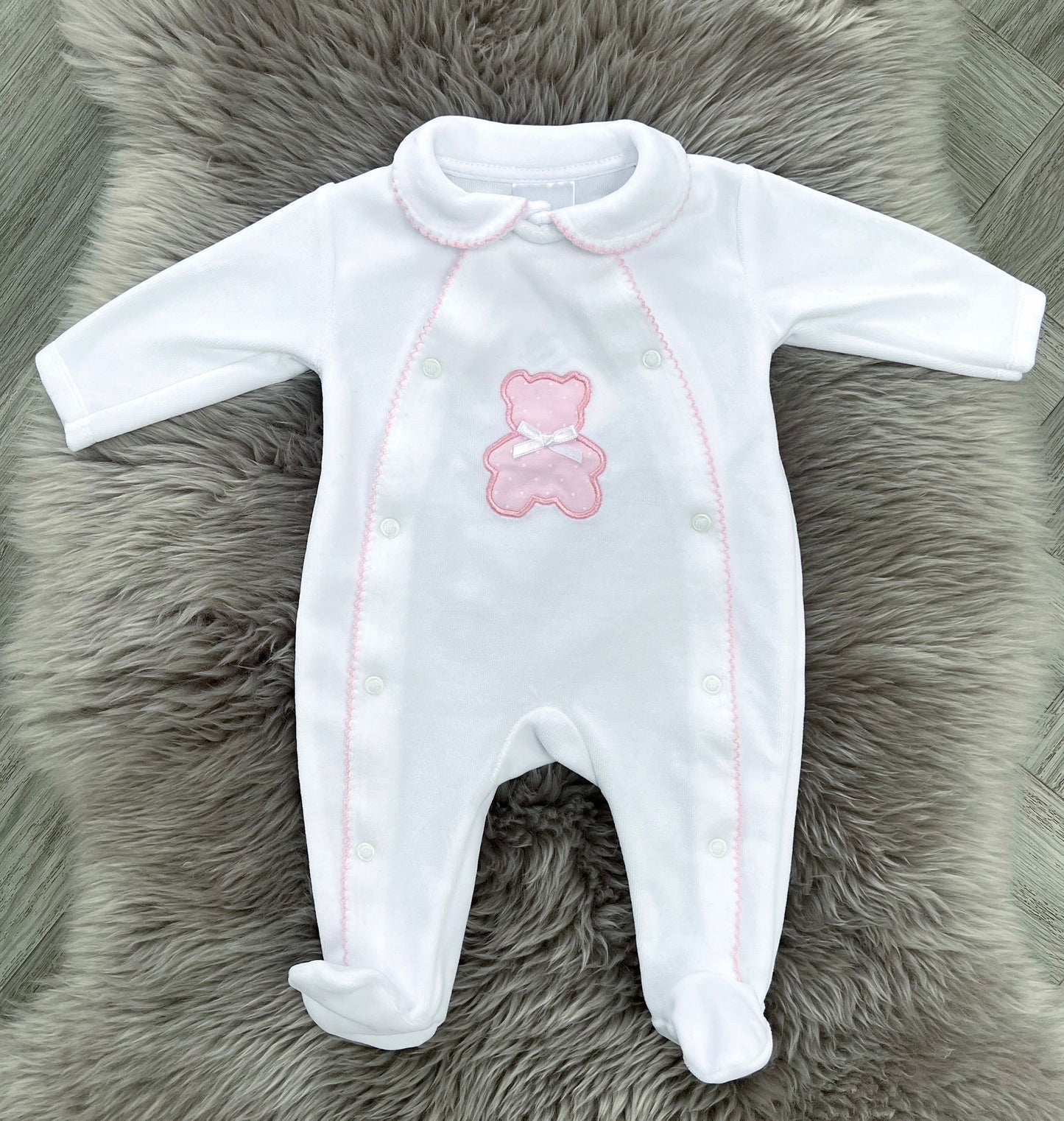 Pink Velour Teddy Babygrow