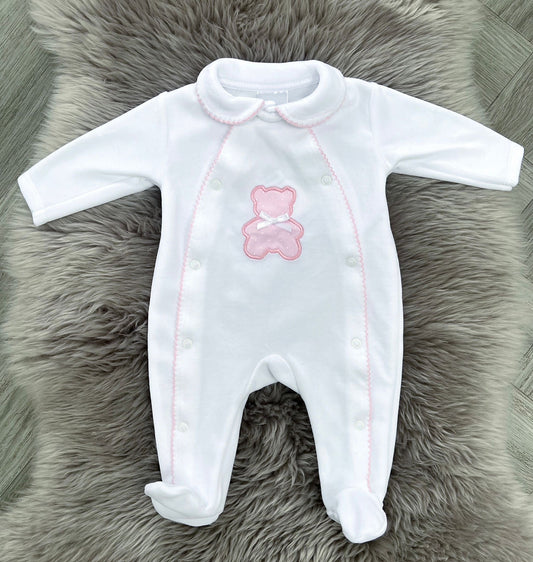 Pink Velour Teddy Babygrow