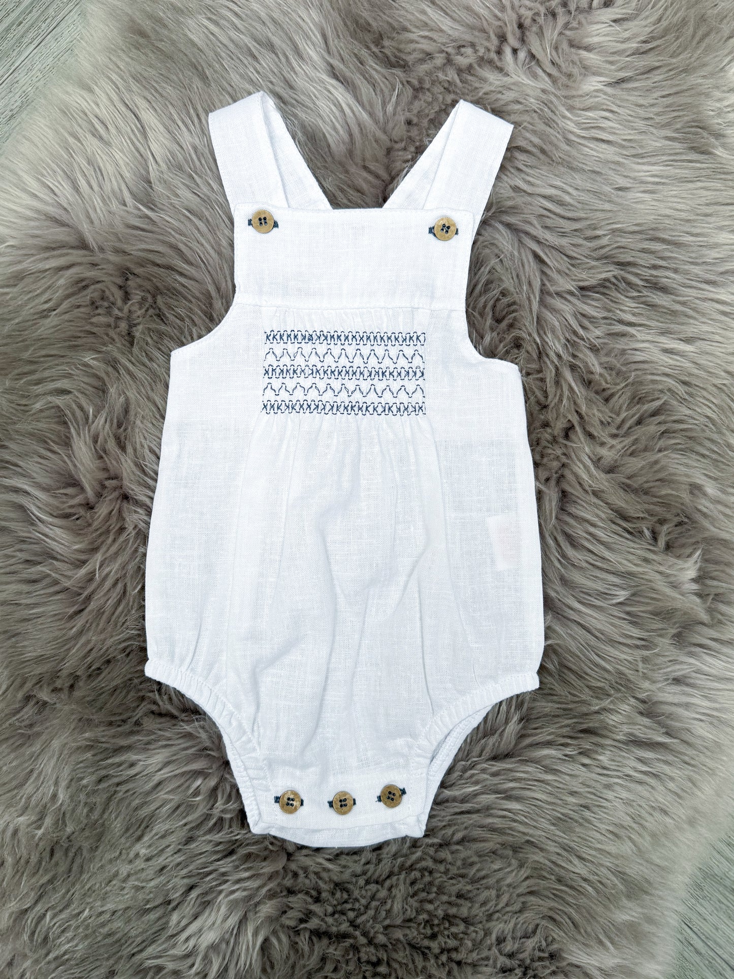White & Navy Linen Romper
