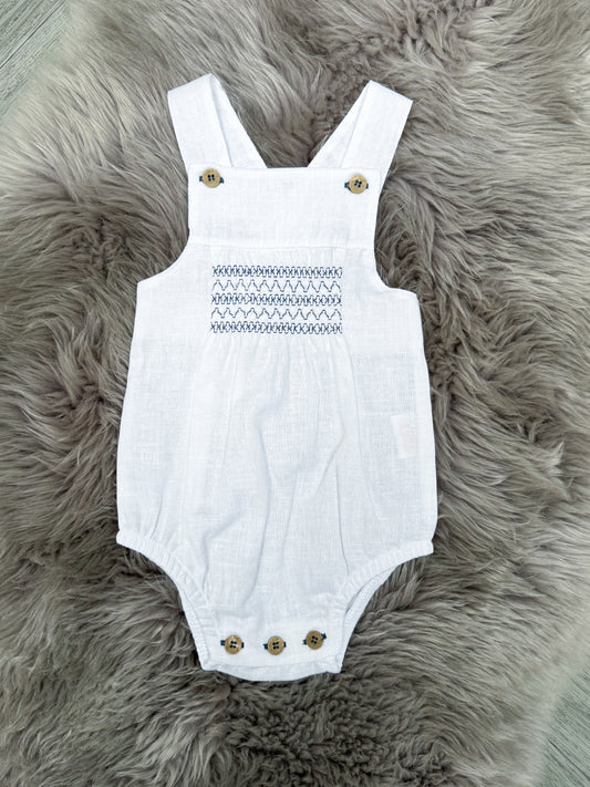 White & Navy Linen Romper