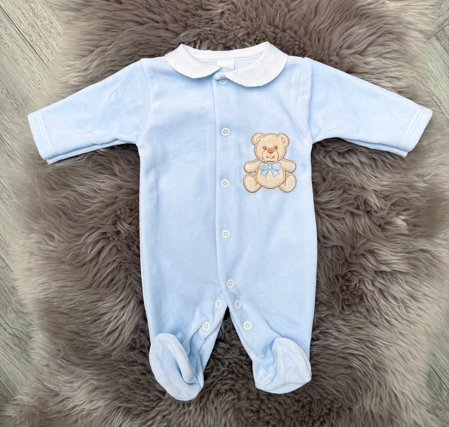 Velour Blue Teddy Babygrow
