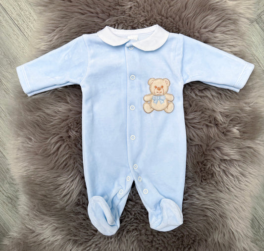 Velour Blue Teddy Babygrow