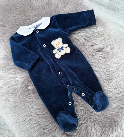 Velour Navy Teddy Babygrow