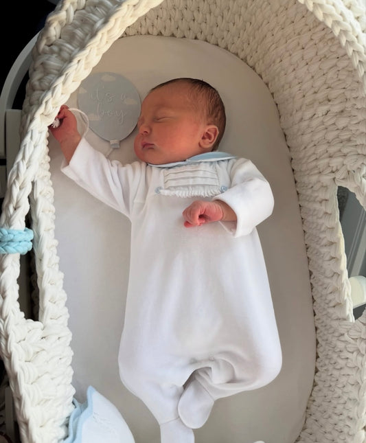 Velour Babygrow With Blue Collar & Buttons
