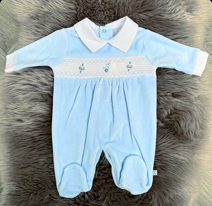 Velour Blue Rattle Babygrow