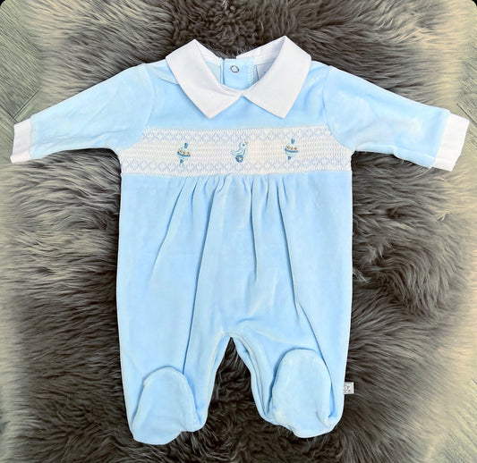 Velour Blue Rattle Babygrow