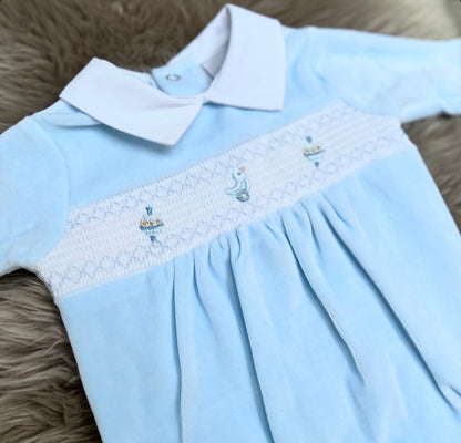 Velour Blue Rattle Babygrow