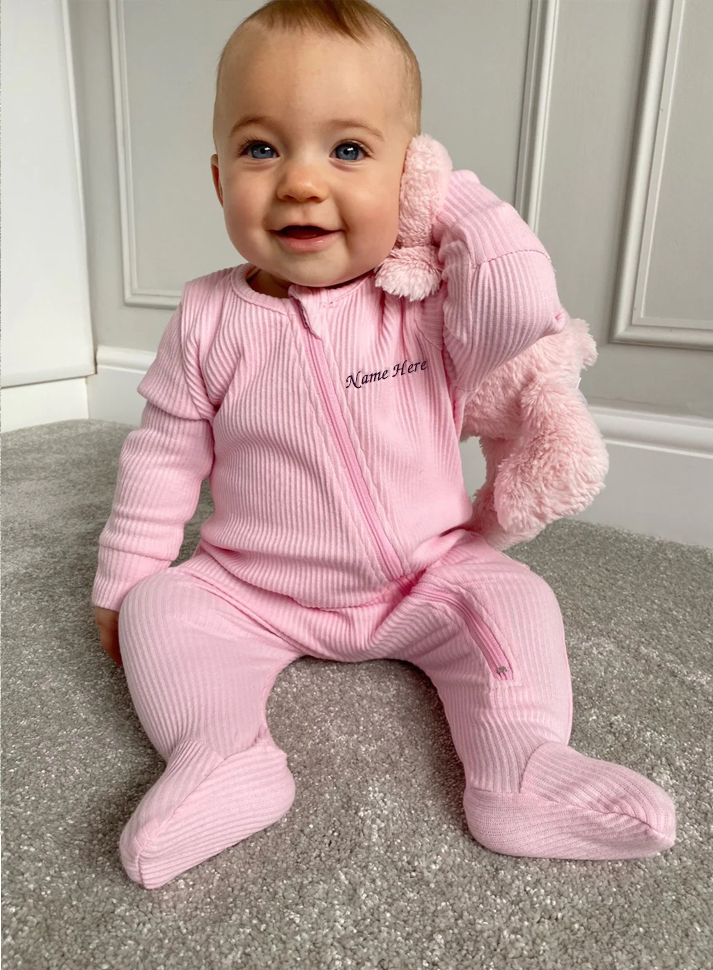 Pink Zip Up Ribbed Sleepsuit